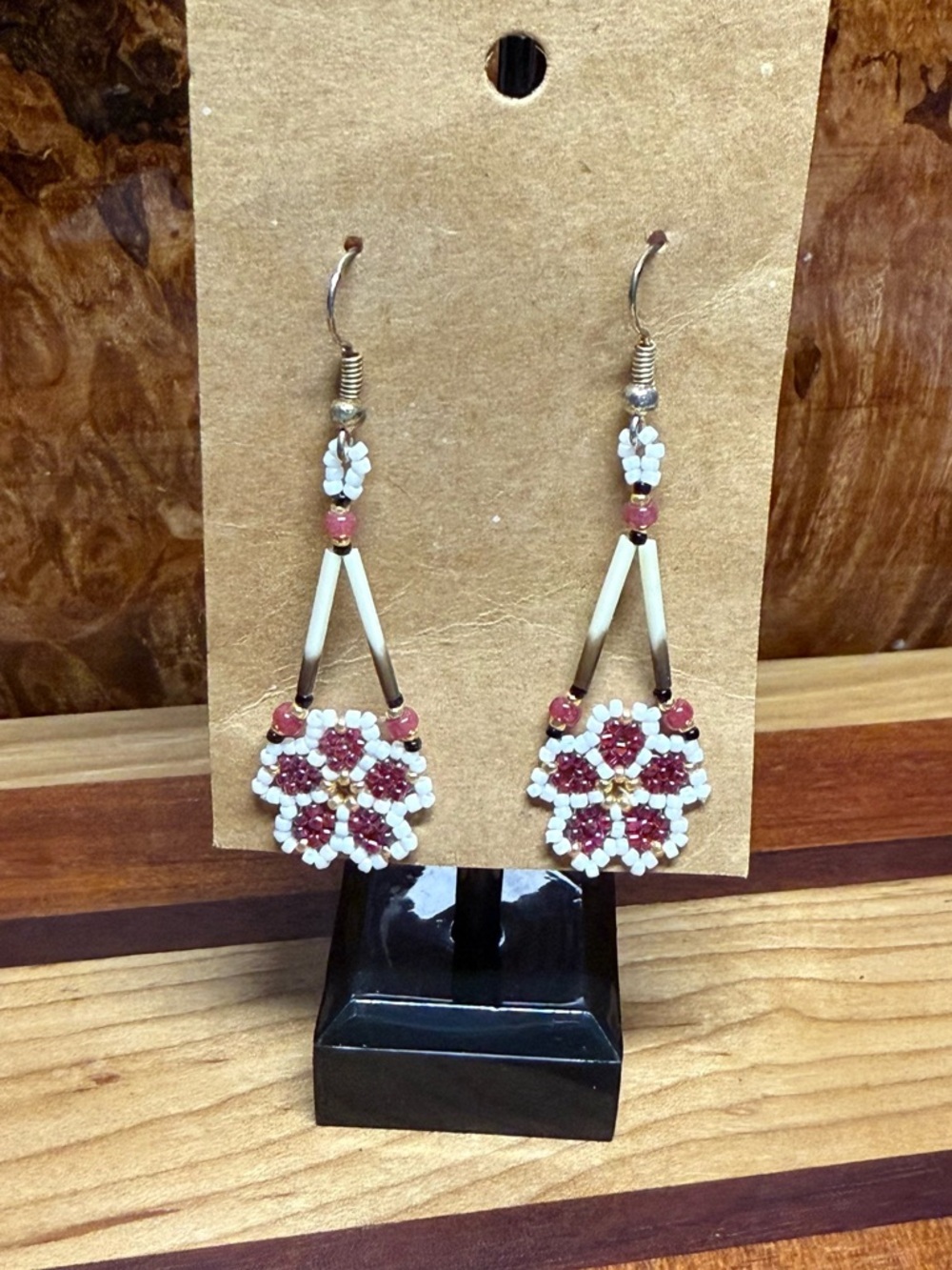 Handcrafted Indian White and Burgundy Beaded Flower Drop Earrings - Picture 2 of 4
